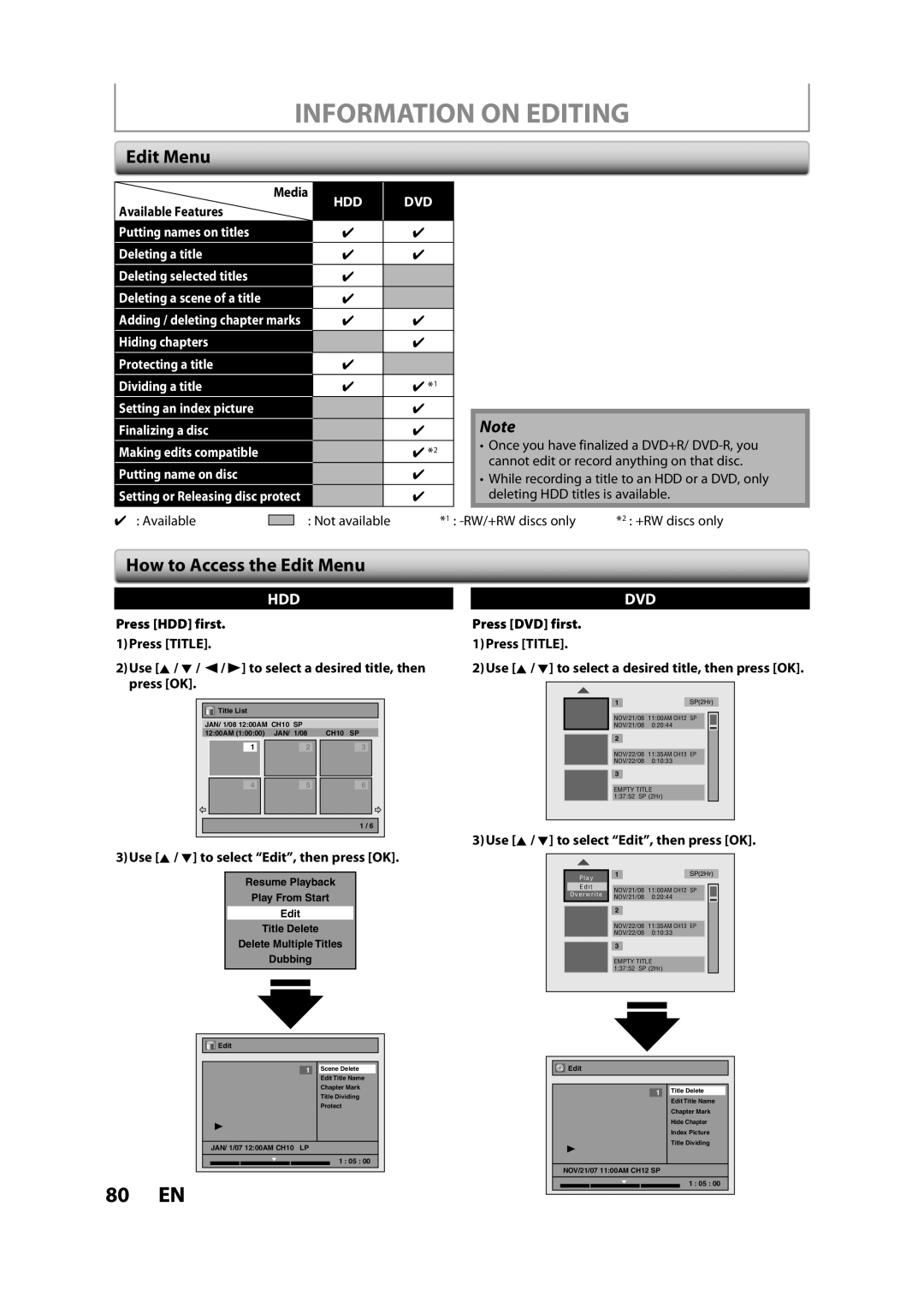 Magnavox H2160MW9 owner manual Information on Editing, How to Access the Edit Menu, Putting name on disc 