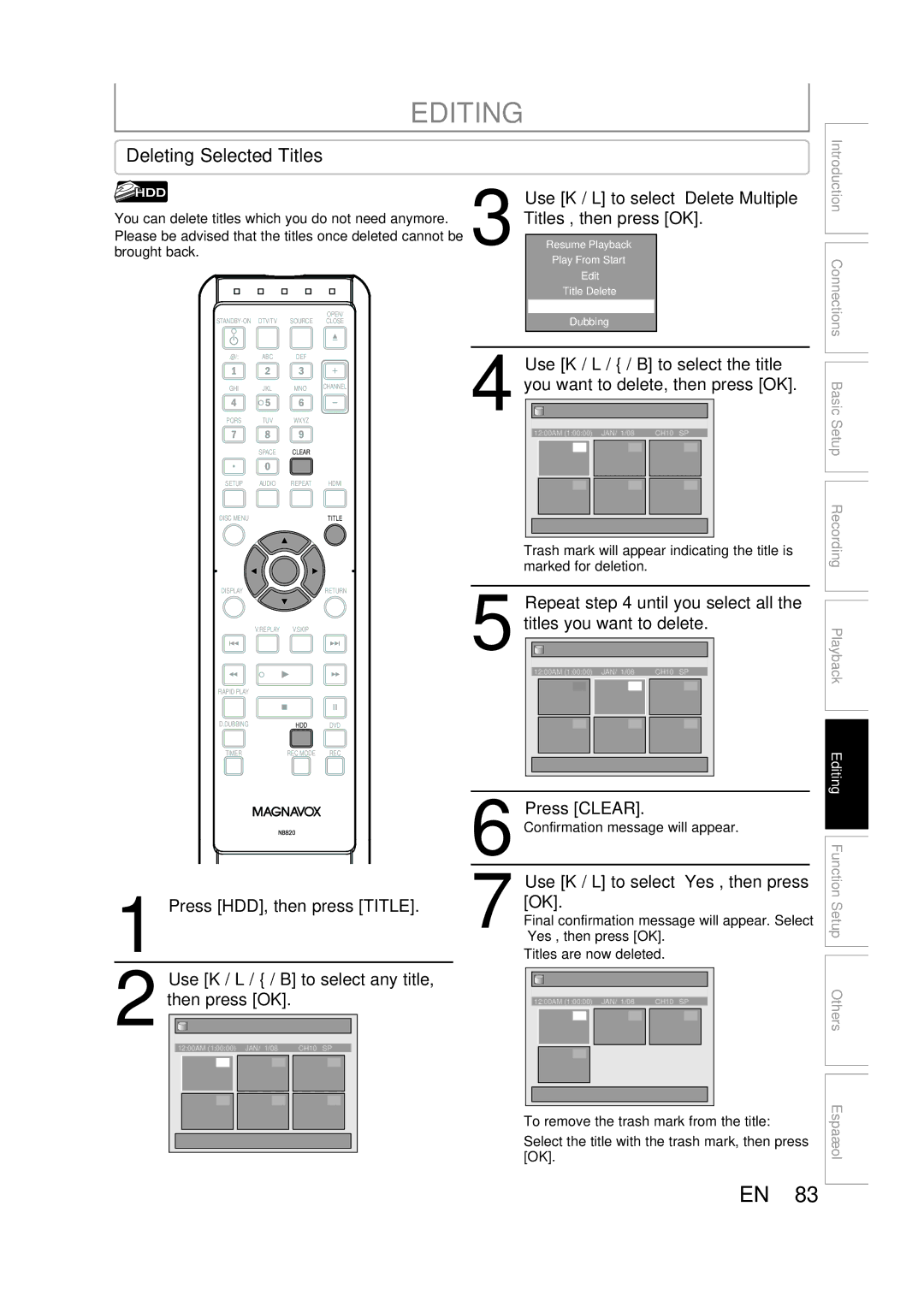 Magnavox H2160MW9 Deleting Selected Titles, Use K / L to select Delete Multiple Titles, then press OK, Press Clear 