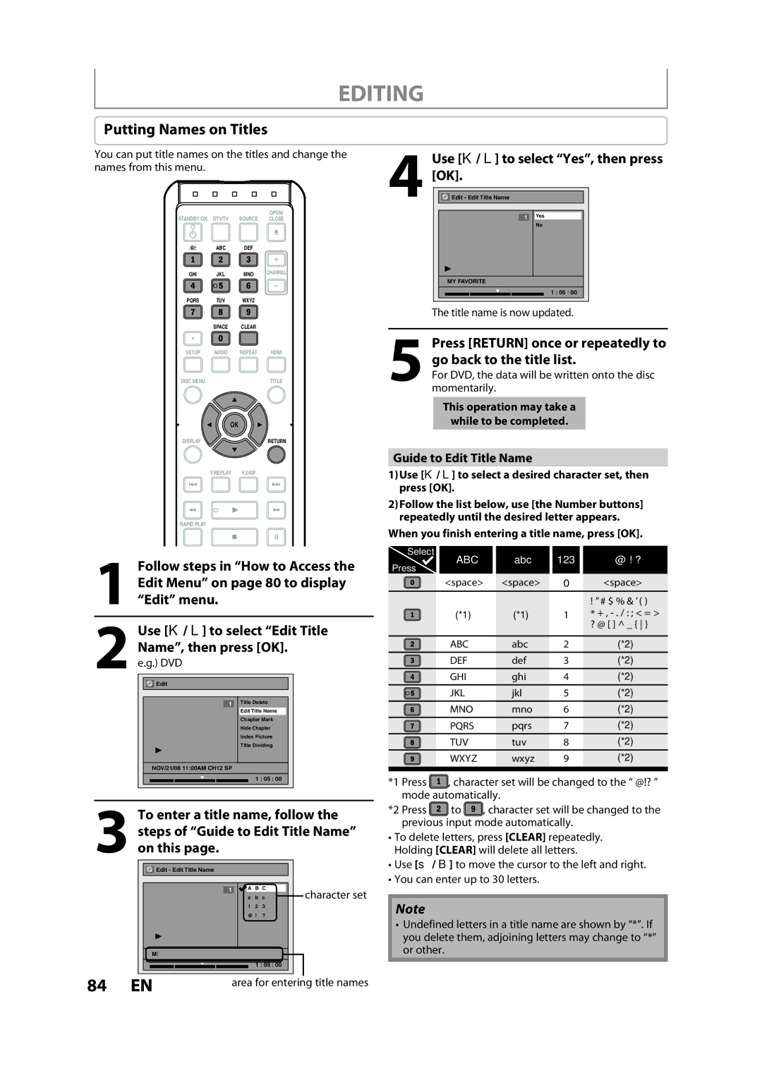 Magnavox H2160MW9 Putting Names on Titles, Guide to Edit Title Name, Dvd, When you finish entering a title name, press OK 