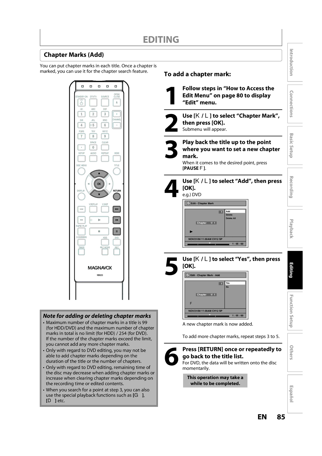 Magnavox H2160MW9 owner manual Chapter Marks Add, New chapter mark is now added 