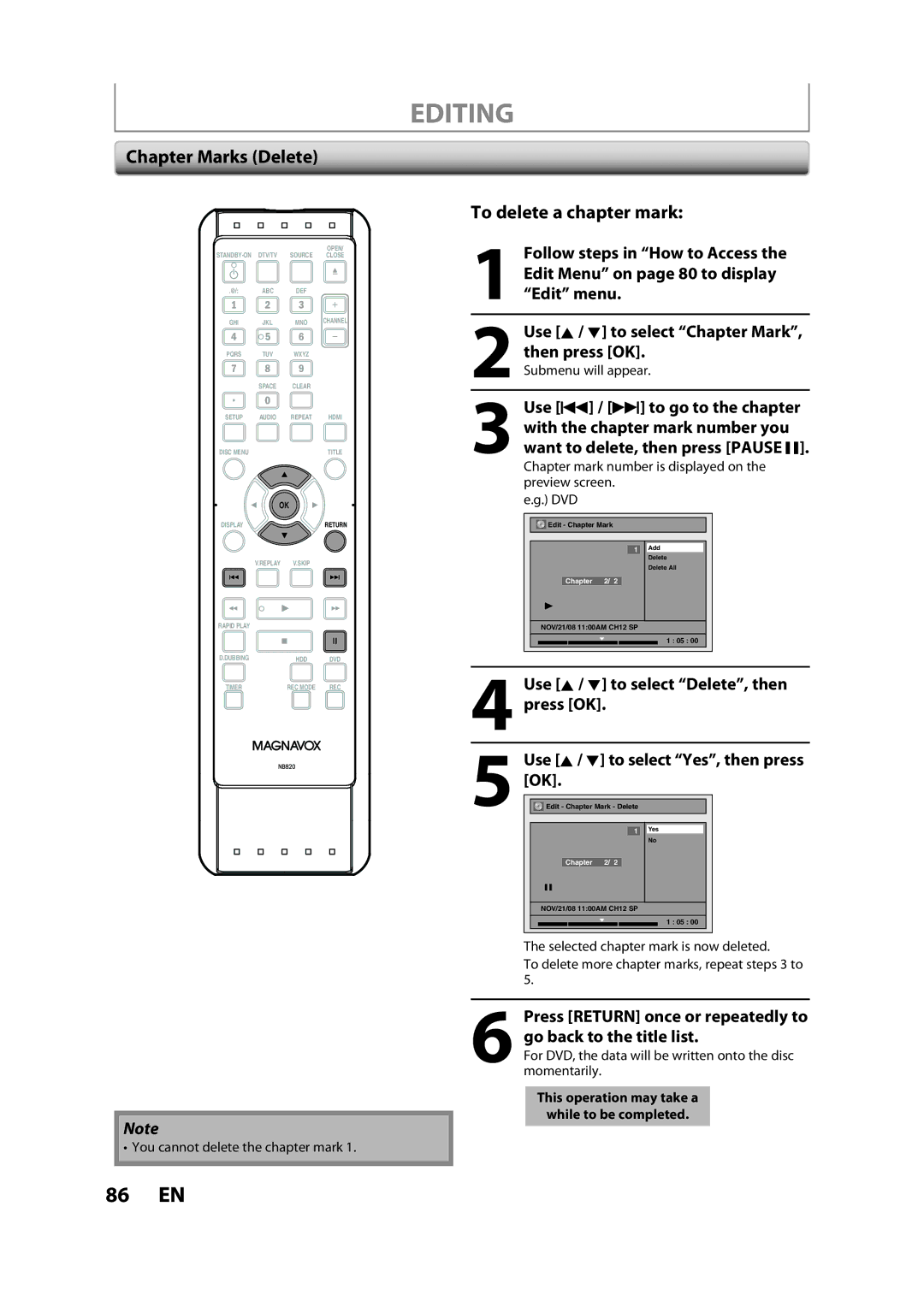 Magnavox H2160MW9 Chapter Marks Delete, To delete a chapter mark, You cannot delete the chapter mark, Submenu will appear 