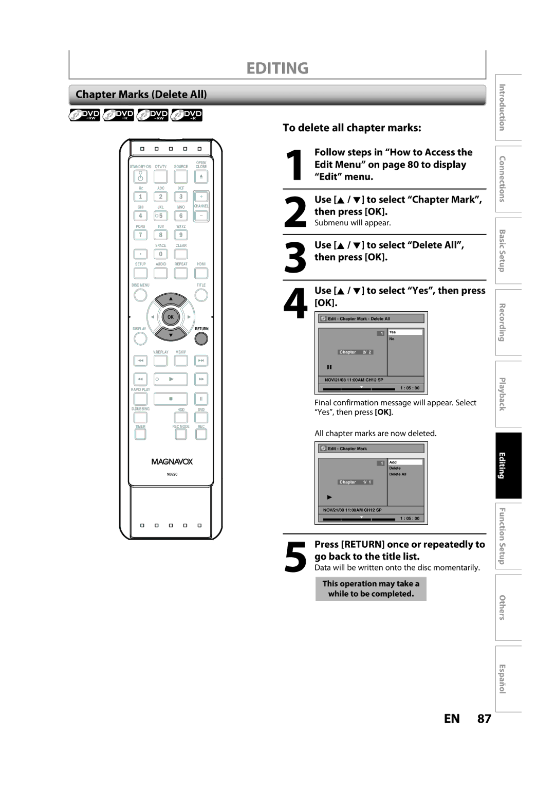 Magnavox H2160MW9 Chapter Marks Delete All, To delete all chapter marks, Data will be written onto the disc momentarily 