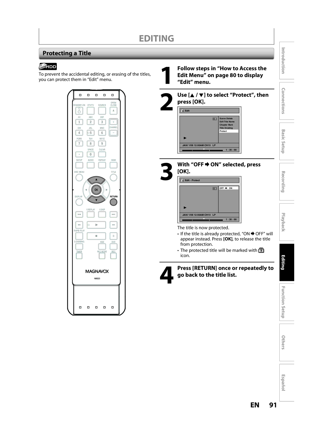 Magnavox H2160MW9 owner manual Protecting a Title, Press OK 