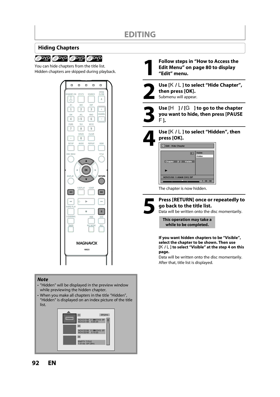 Magnavox H2160MW9 owner manual Hiding Chapters, Chapter is now hidden 