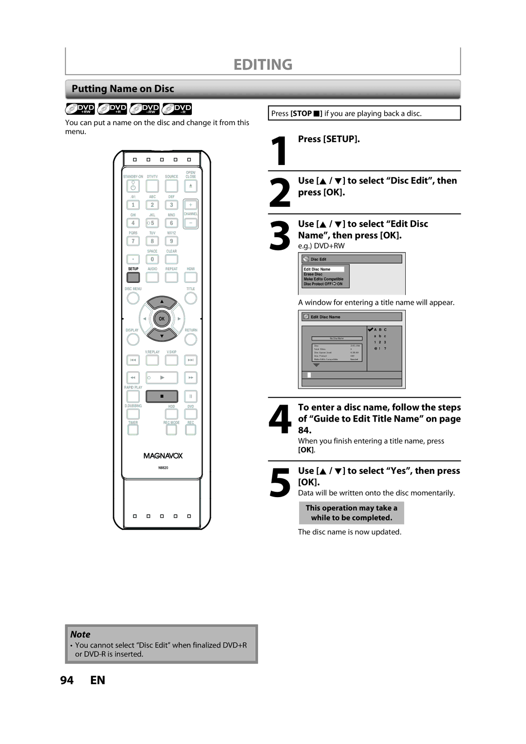 Magnavox H2160MW9 owner manual Putting Name on Disc 