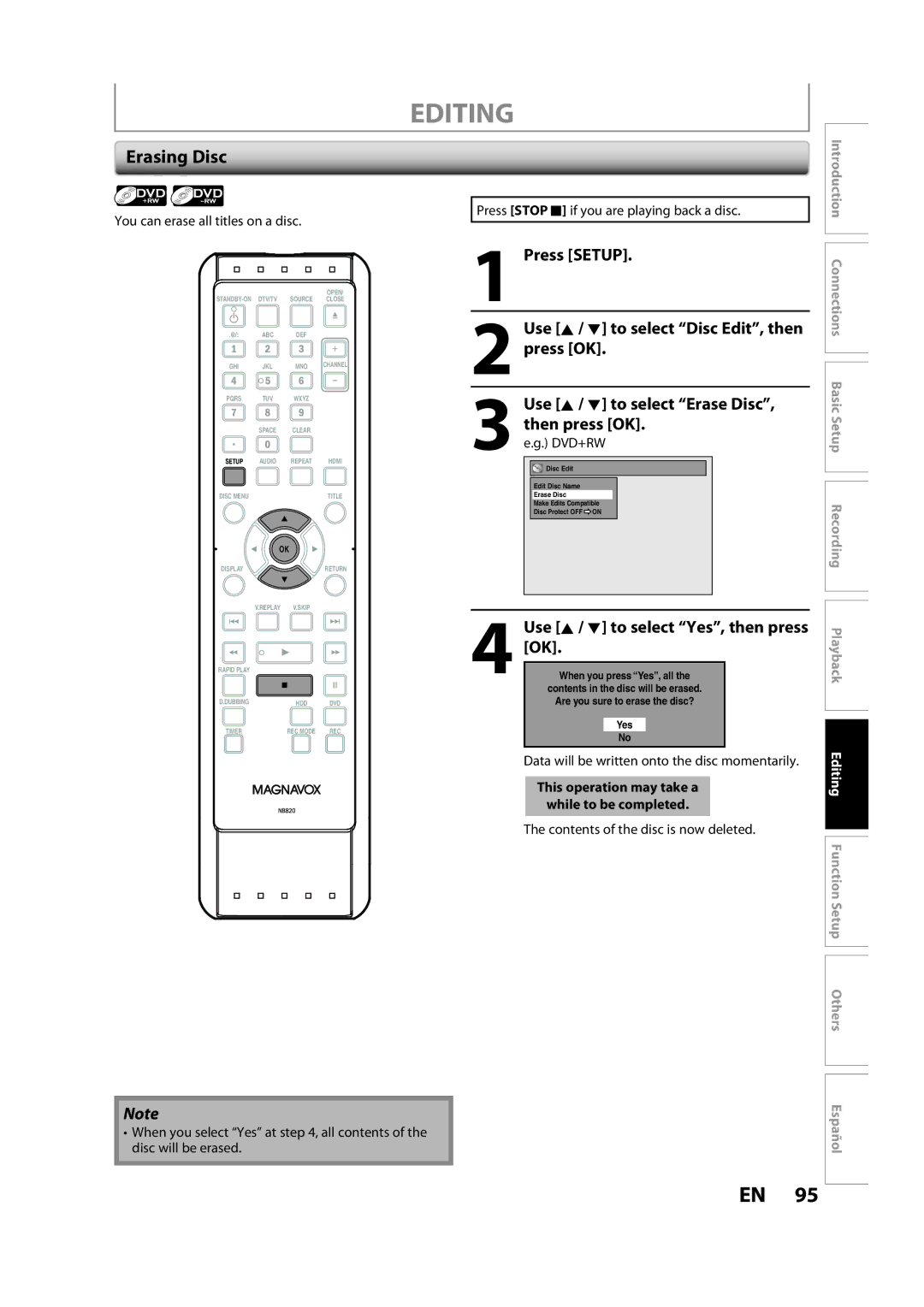 Magnavox H2160MW9 owner manual Erasing Disc, You can erase all titles on a disc, Contents of the disc is now deleted 