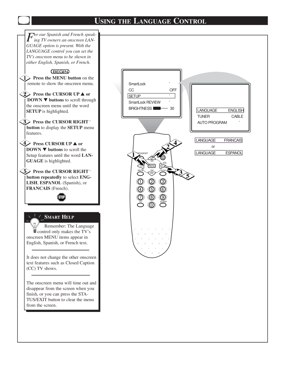 Magnavox HD2530C1 Using the Language Control, Press the Cursor Right button to display the Setup menu, Francais French 