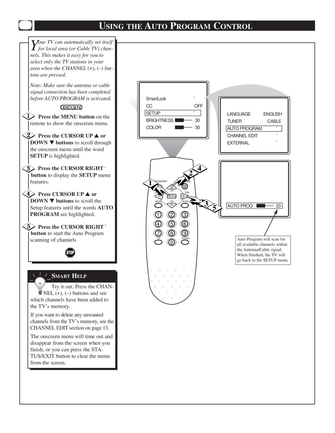 Magnavox HD2530C1 manual Using the Auto Program Control, Setup features until the words Auto Program are highlighted 