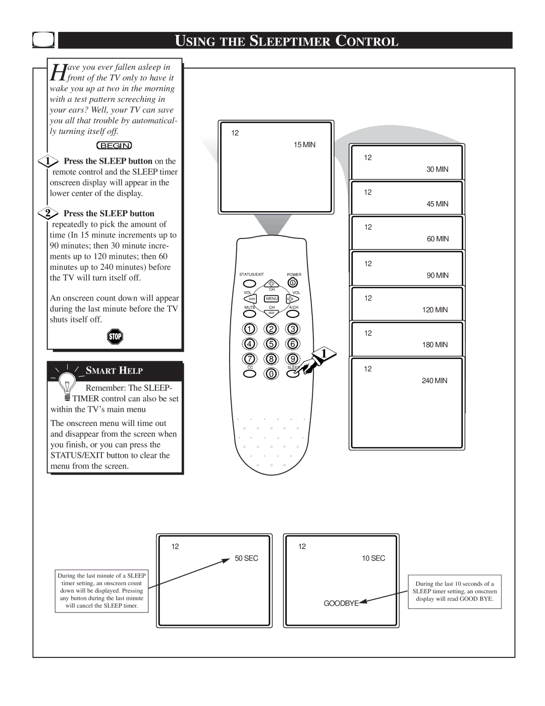 Magnavox HD2530C1 manual Using the Sleeptimer Control, 240 MIN 