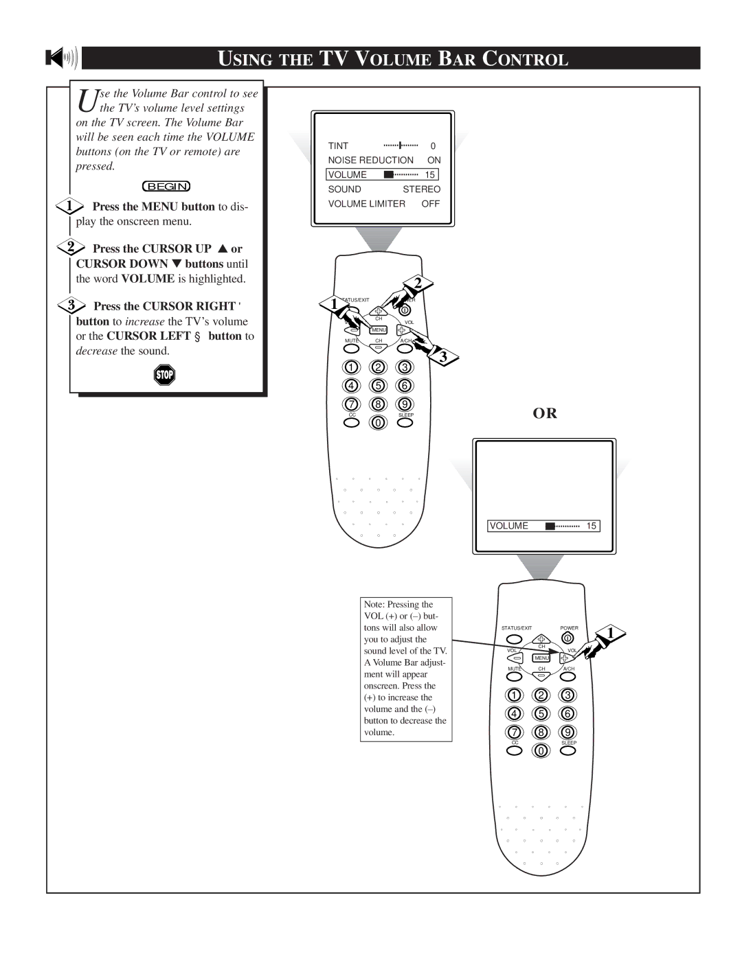 Magnavox HD2530C1 manual Using the TV Volume BAR Control, Press the Menu button to dis, Play the onscreen menu 