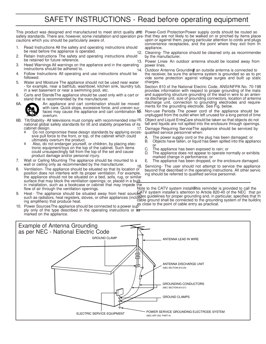 Magnavox HD2530C1 manual Safety Instructions Read before operating equipment 