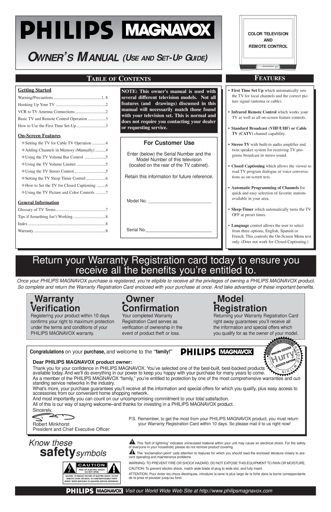 Magnavox HD2717C warranty Table of Contents, Features 