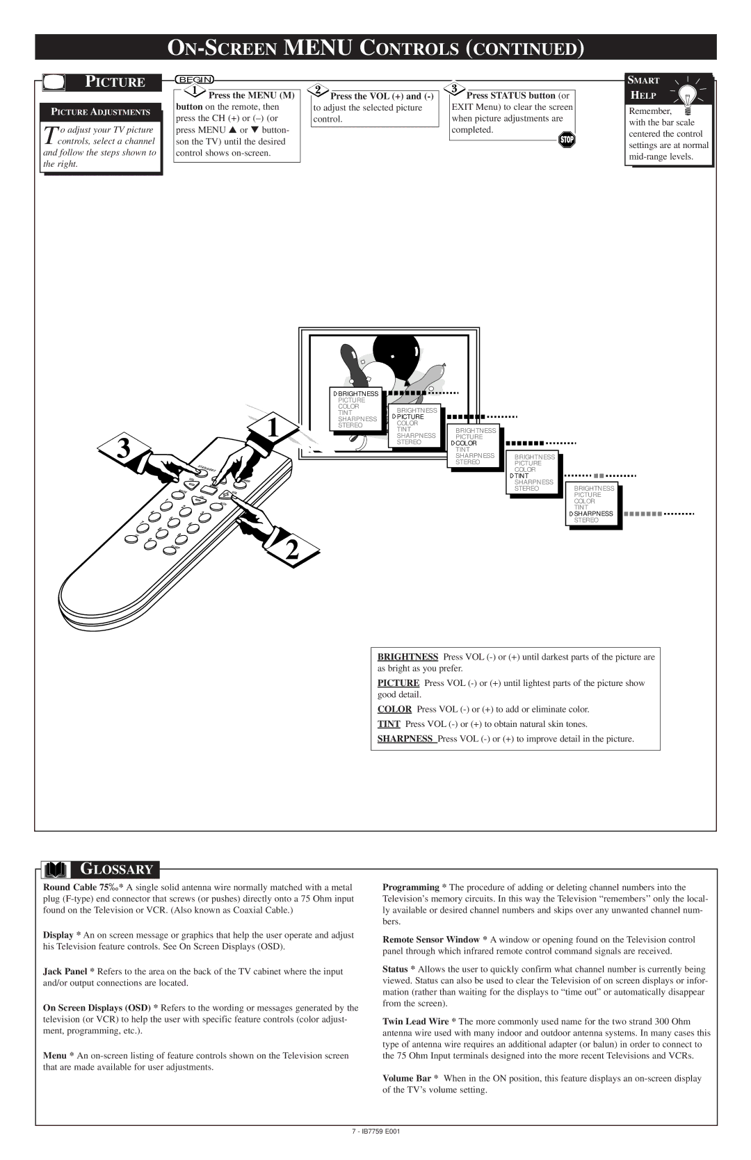 Magnavox HD2717C warranty Glossary, Press the Menu M Press the VOL + Press Status button or, Picture Adjustments 