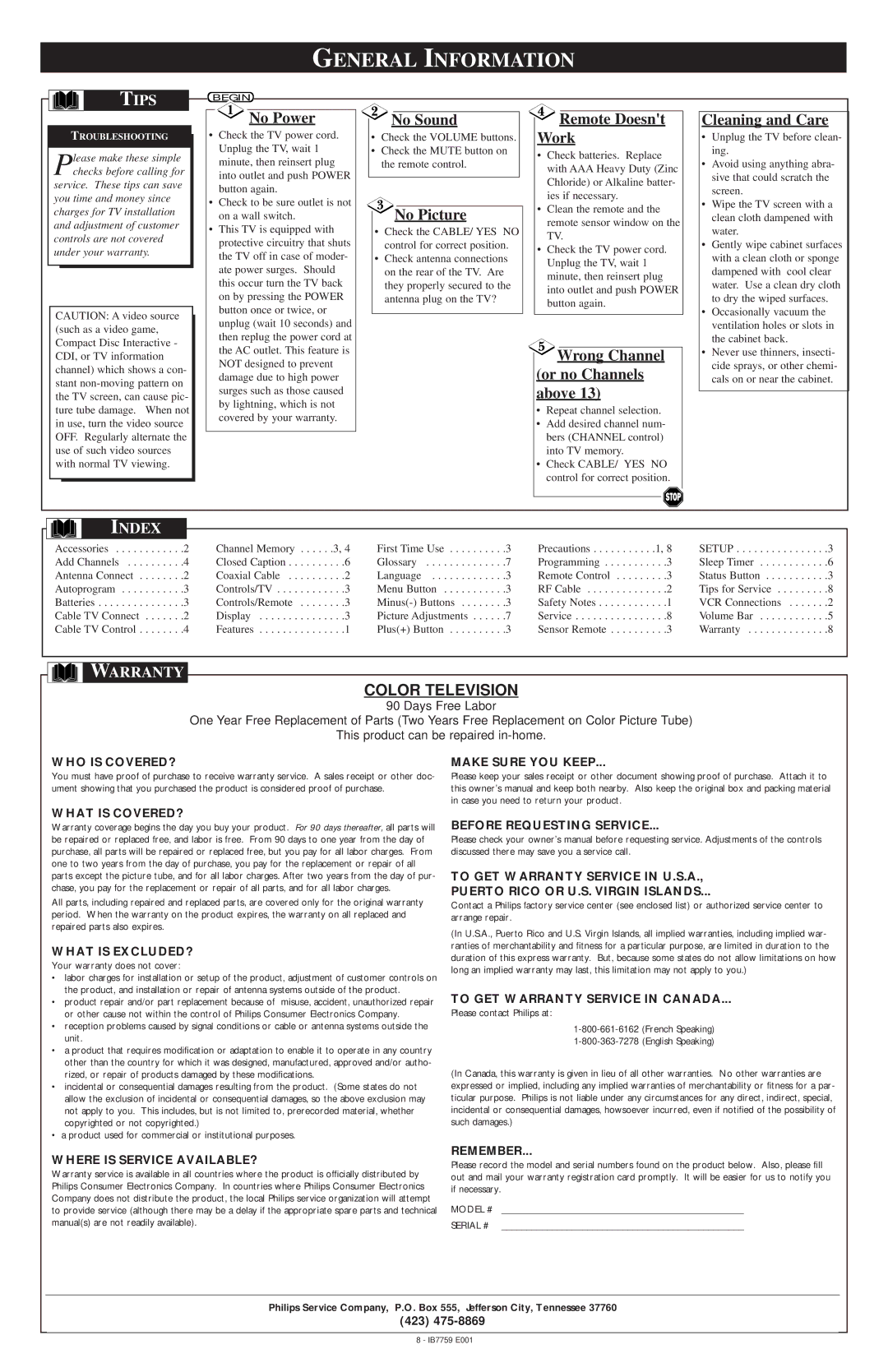 Magnavox HD2717C warranty General Information, Tips, Index, Warranty 