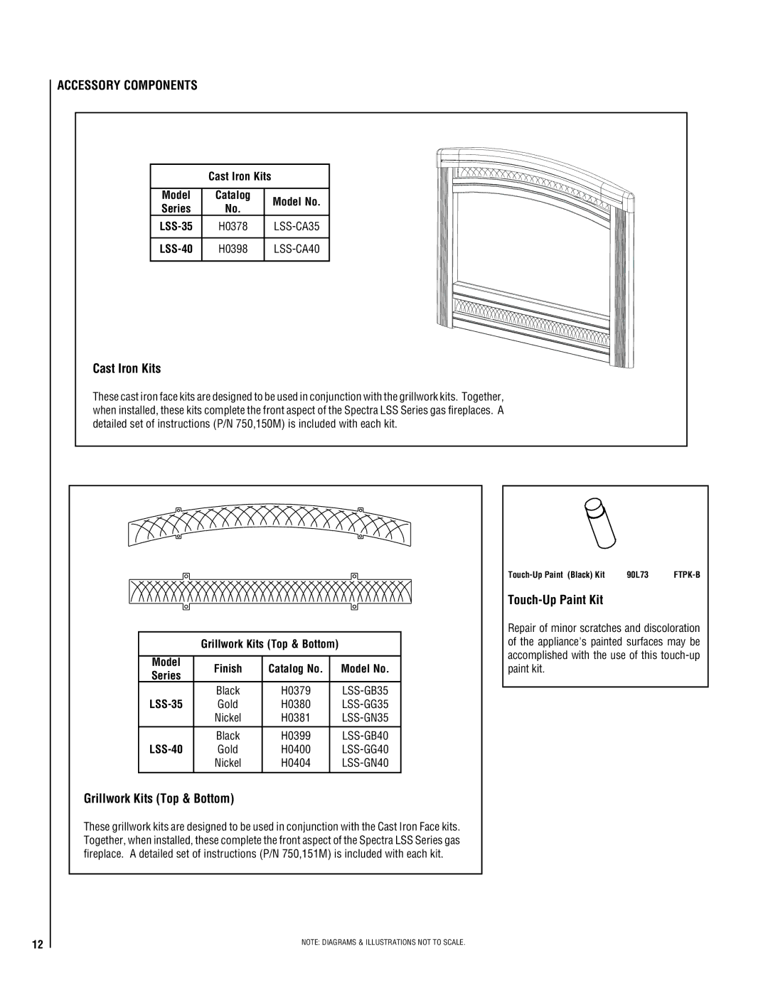 Magnavox LSS-40CP manual Accessory Components, Cast Iron Kits, Grillwork Kits Top & Bottom, Touch-Up Paint Kit 