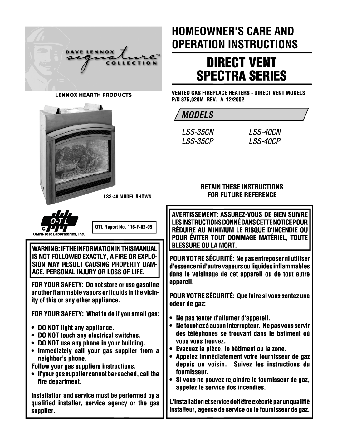 Magnavox LSS-40CP manual Homeowners Care And Operation Instructions, Direct Vent, Spectra Series, Models 