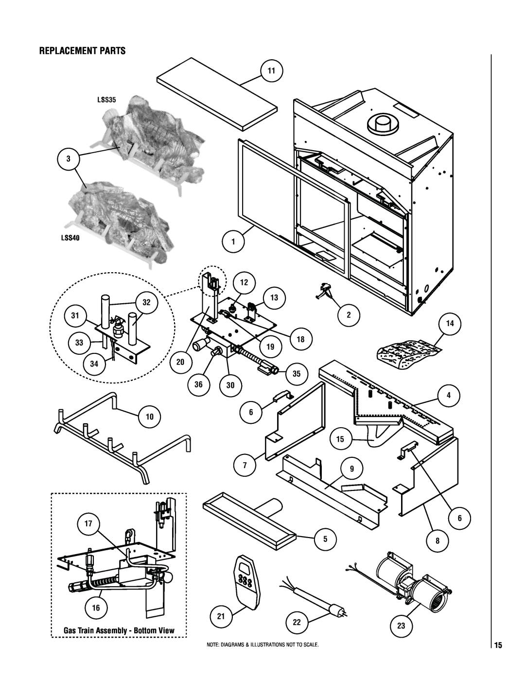 Magnavox LSS-40CP manual Replacement Parts, 32 31 33, 1 12 13 2 14 18 19 35, LSS35, LSS40 