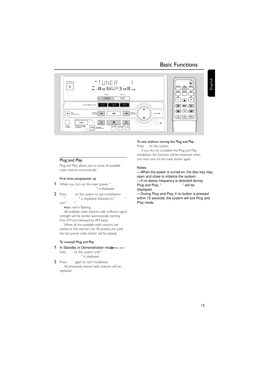 Magnavox MAS-100/37 warranty Basic Functions, First time setup/power up, To exit without storing the Plug and Play 