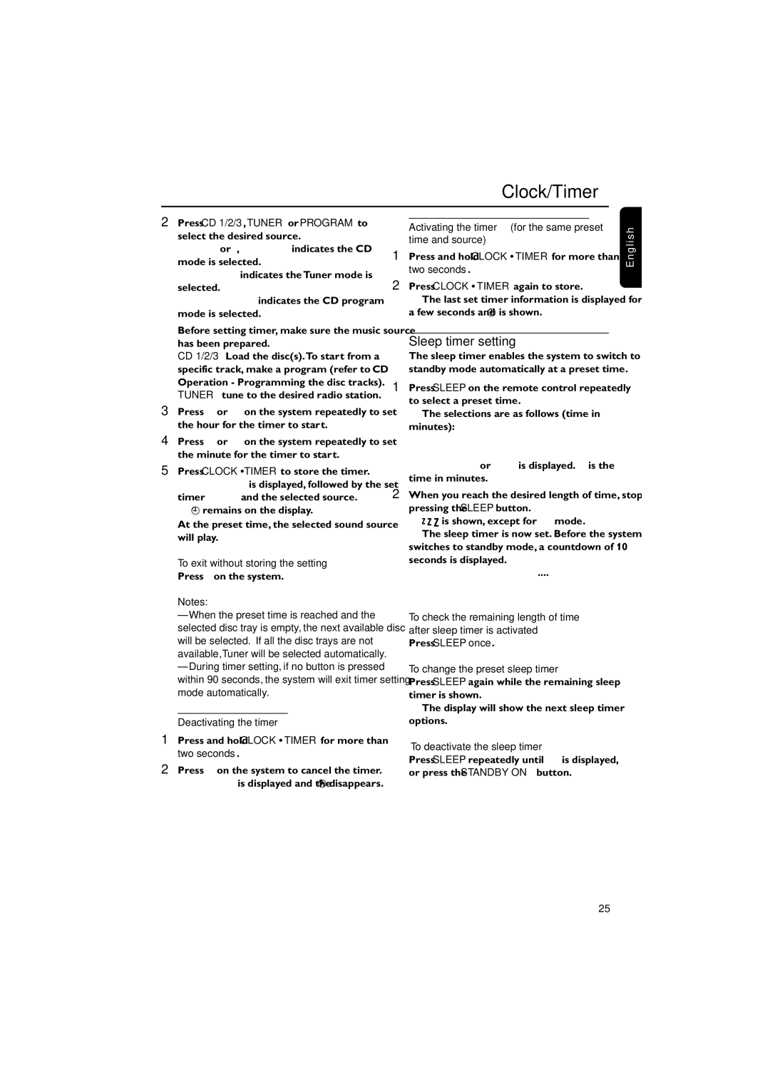 Magnavox MAS-100/37 warranty Sleep timer setting, Press Çon the system. Notes, Deactivating the timer 