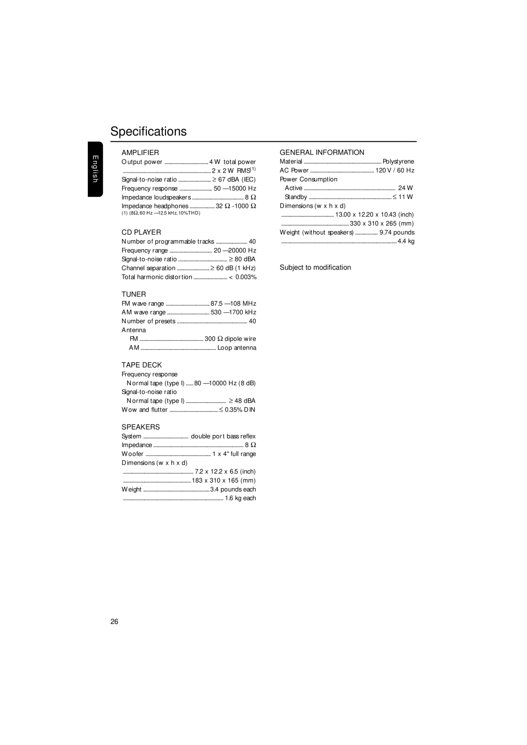 Magnavox MAS-100/37 warranty Specifications 