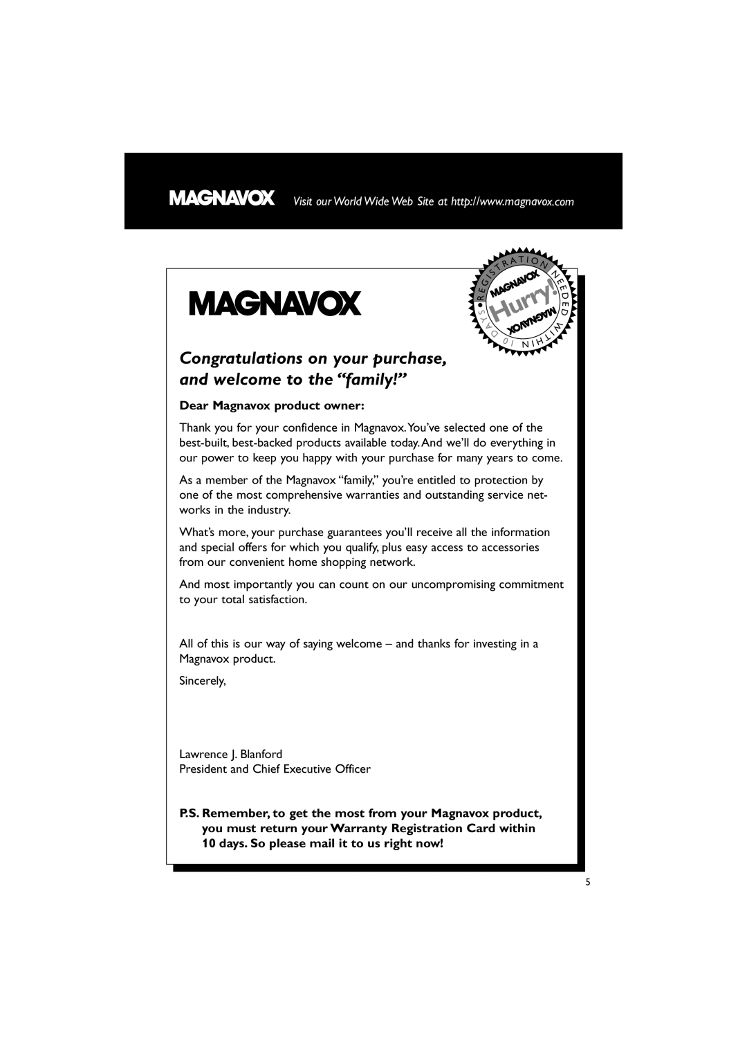 Magnavox MAS-100/37 warranty Hurry, Dear Magnavox product owner 