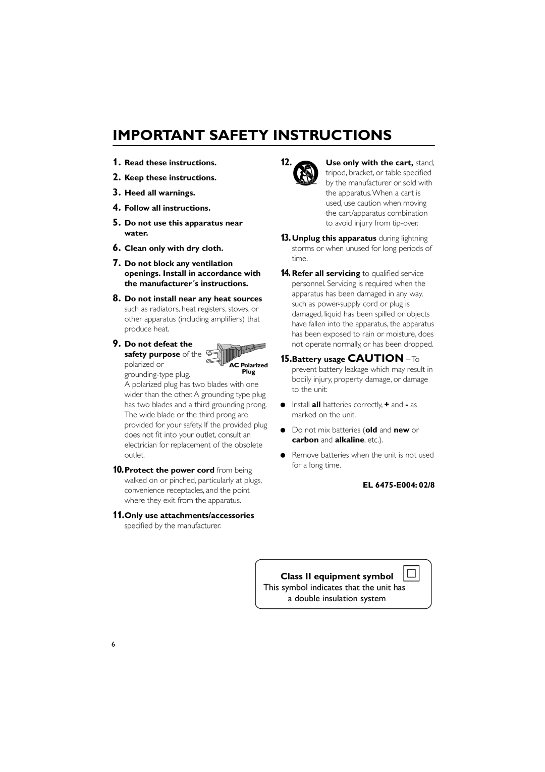 Magnavox MAS-100/37 warranty Important Safety Instructions, Class II equipment symbol 