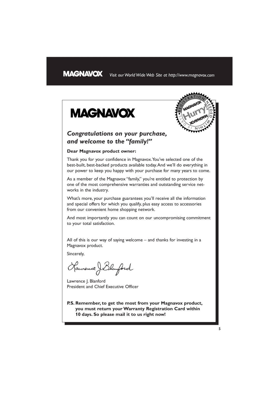 Magnavox MAS-100/37 warranty Dear Magnavox product owner, Hurry 