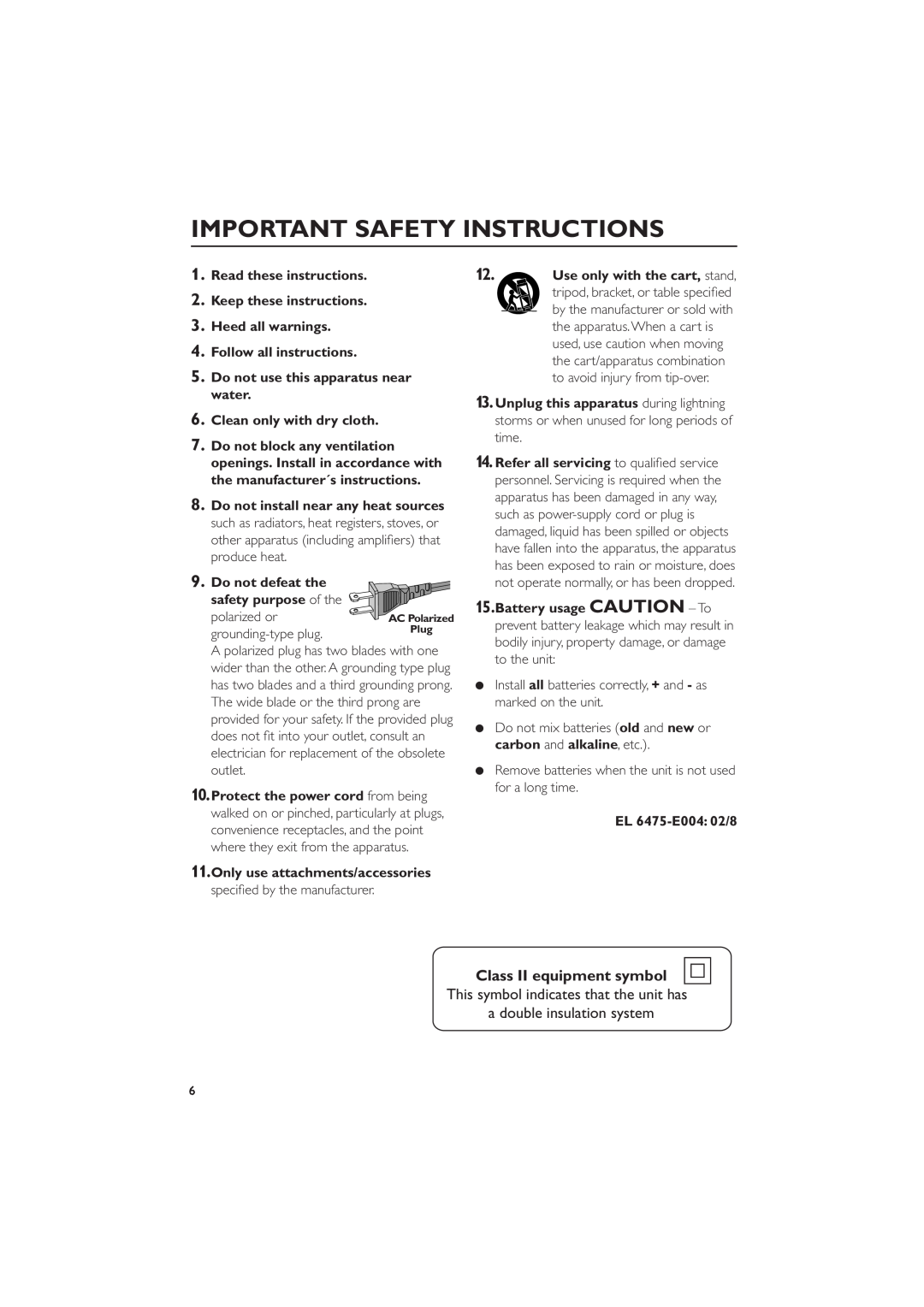 Magnavox MAS-100/37 warranty Class II equipment symbol, Important Safety Instructions 