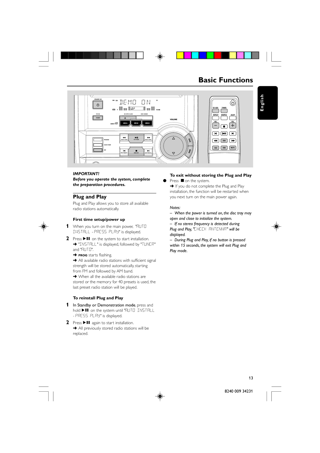 Magnavox MAS-80 warranty Basic Functions, First time setup/power up, To exit without storing the Plug and Play 