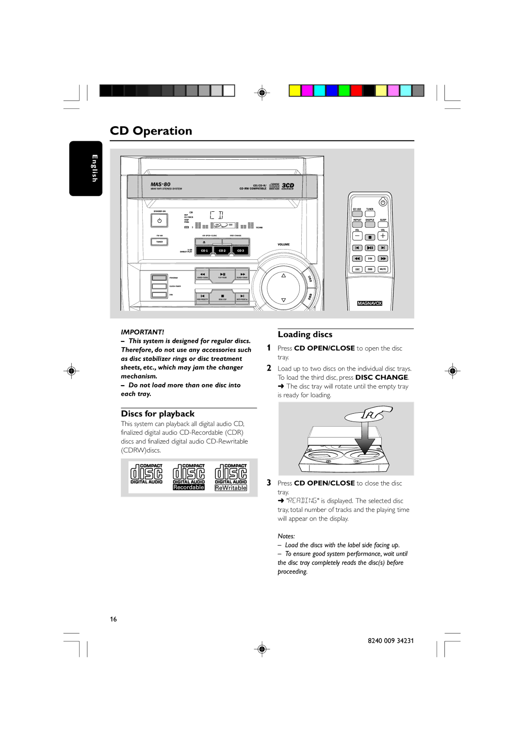 Magnavox MAS-80 warranty CD Operation, Loading discs, Discs for playback 