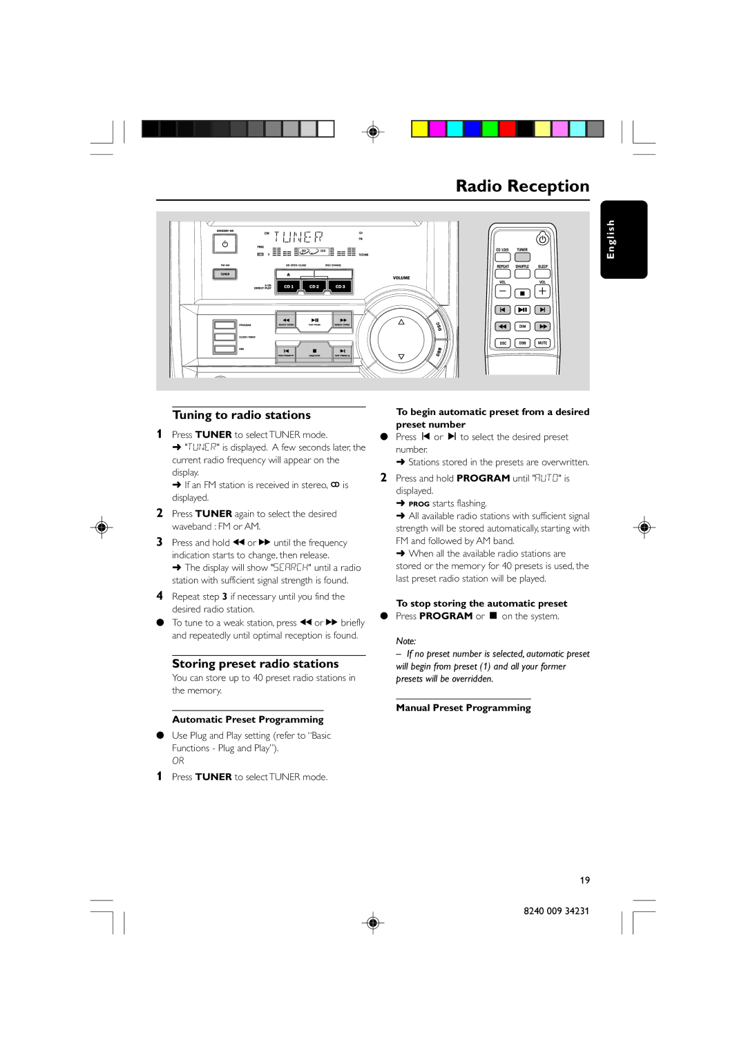 Magnavox MAS-80 warranty Radio Reception, Tuning to radio stations, Storing preset radio stations 