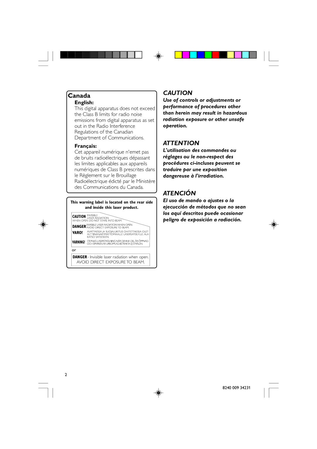 Magnavox MAS-80 warranty English, Français, Inside this laser product 