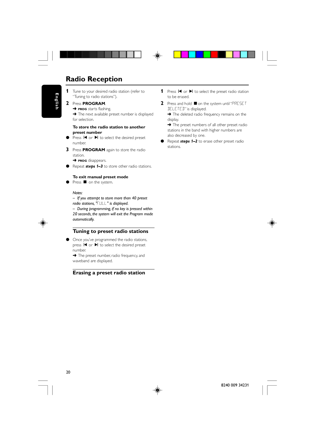 Magnavox MAS-80 warranty Tuning to preset radio stations, Erasing a preset radio station, To exit manual preset mode 