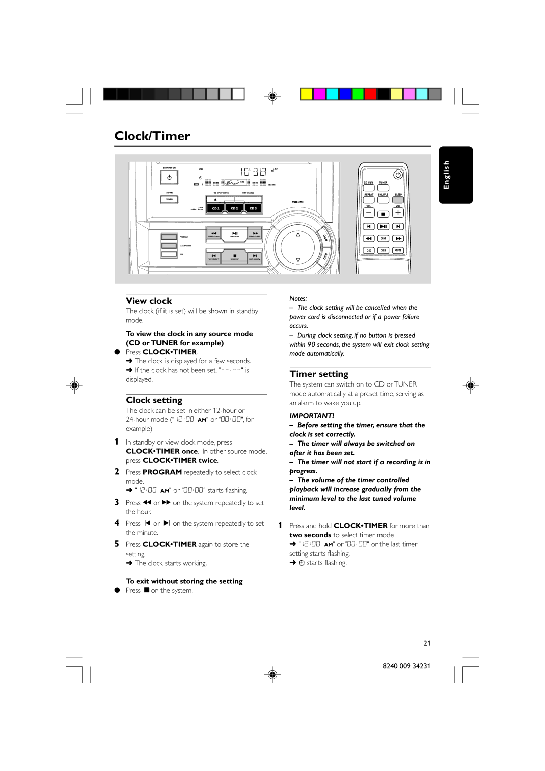 Magnavox MAS-80 warranty Timer setting, Clock setting, Press Clocktimer twice, To exit without storing the setting 