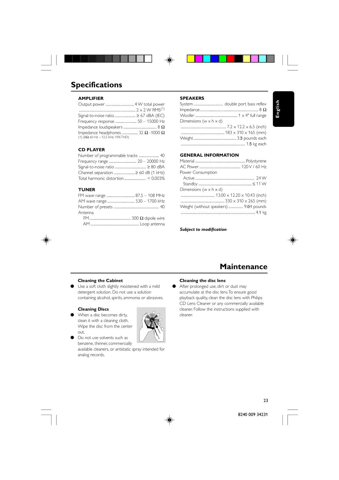 Magnavox MAS-80 warranty Specifications, Maintenance, Cleaning the Cabinet, Cleaning Discs, Cleaning the disc lens 