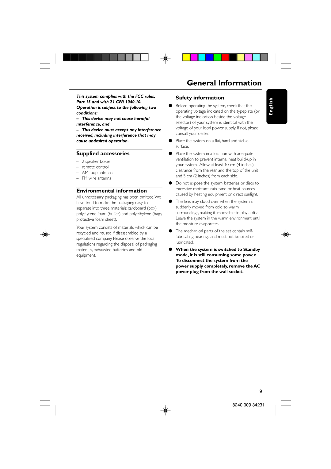 Magnavox MAS-80 warranty General Information, Supplied accessories, Environmental information, Safety information 