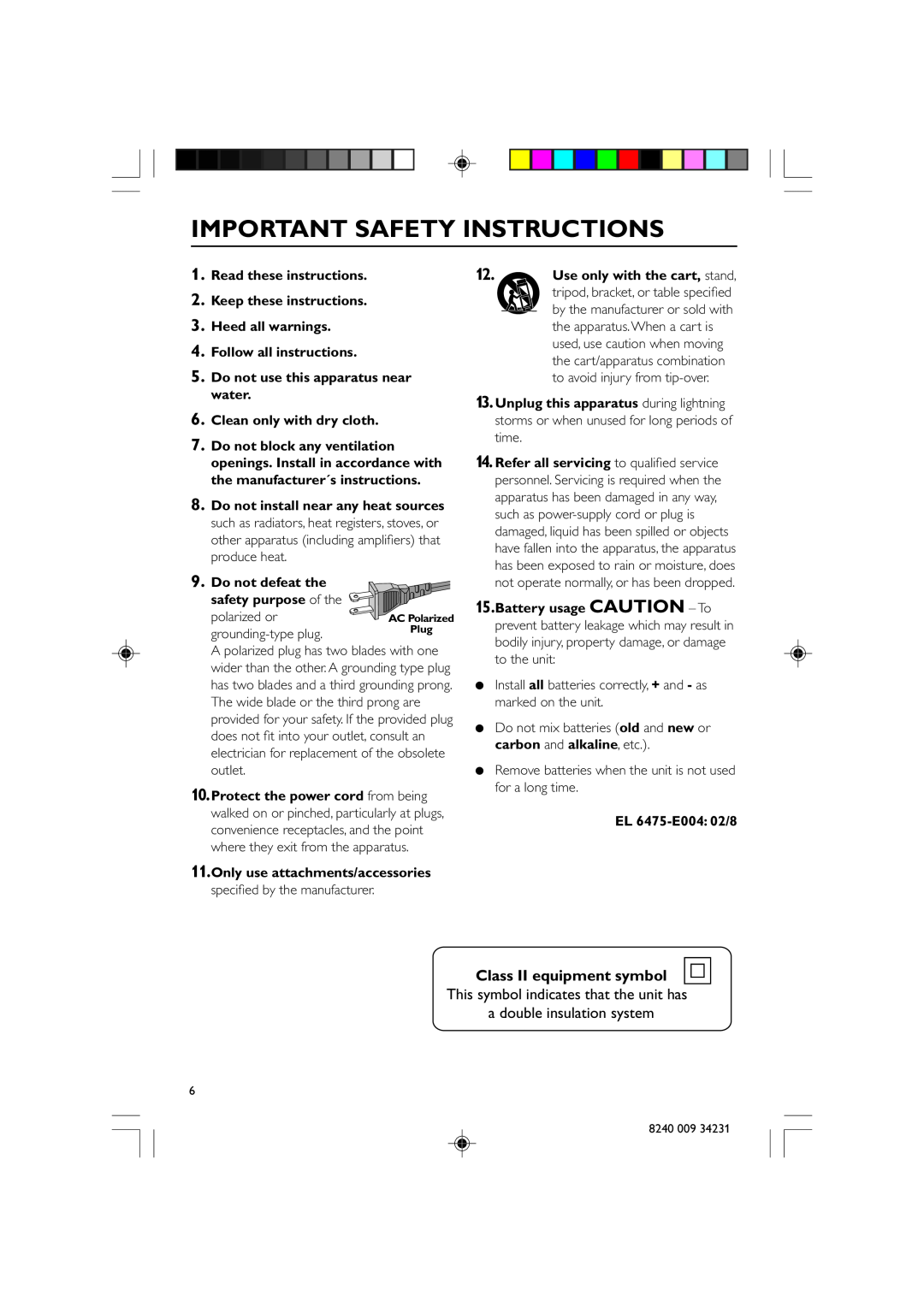 Magnavox MAS-80 warranty Class II equipment symbol, Important Safety Instructions 