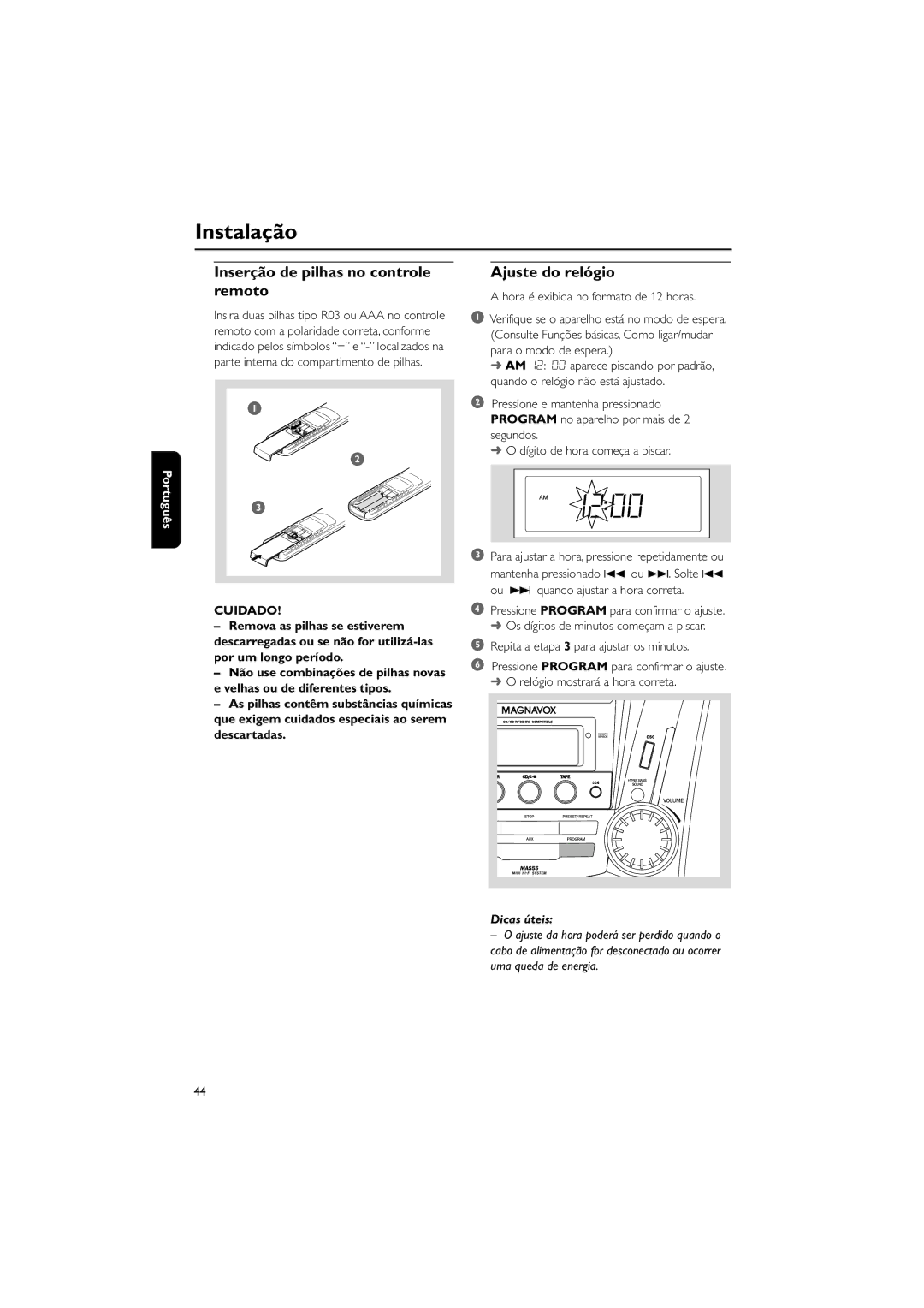 Magnavox MAS55 manual Inserção de pilhas no controle remoto, Ajuste do relógio, Cuidado 