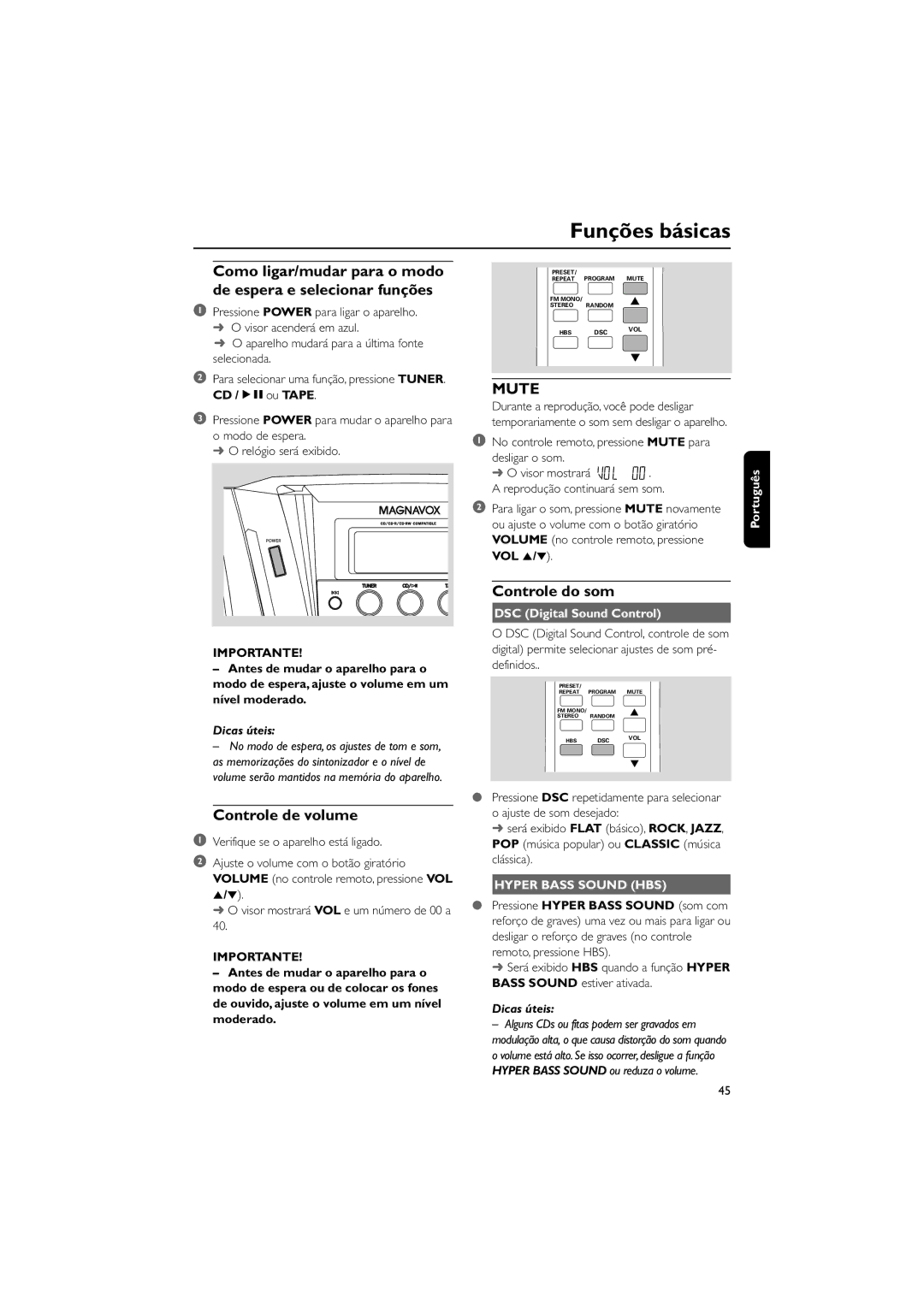 Magnavox MAS55 manual Funções básicas, Como ligar/mudar para o modo de espera e selecionar funções, Controle de volume 