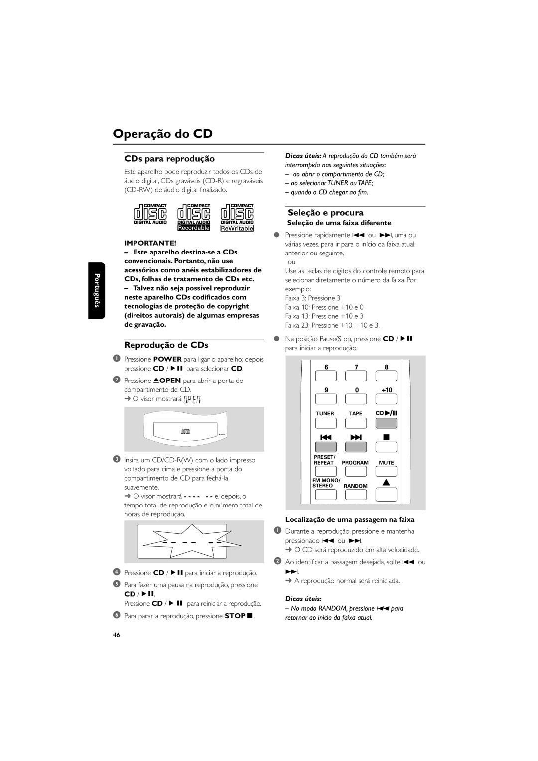 Magnavox MAS55 manual Operação do CD, Reprodução de CDs, Seleção e procura, Seleção de uma faixa diferente 