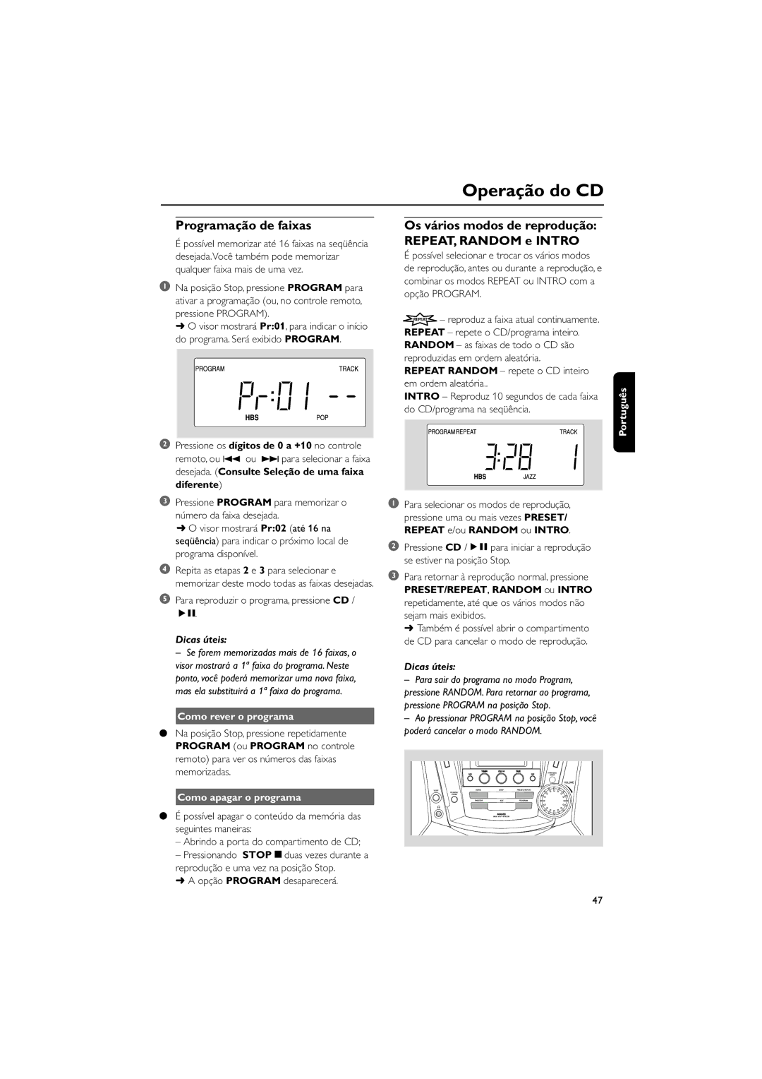 Magnavox MAS55 manual Programação de faixas, Para reproduzir o programa, pressione CD, Como rever o programa 