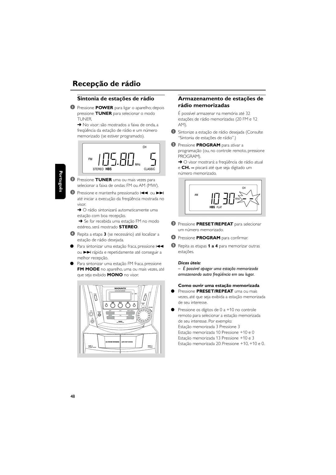 Magnavox MAS55 manual Recepção de rádio, Sintonia de estações de rádio, Armazenamento de estações de rádio memorizadas 