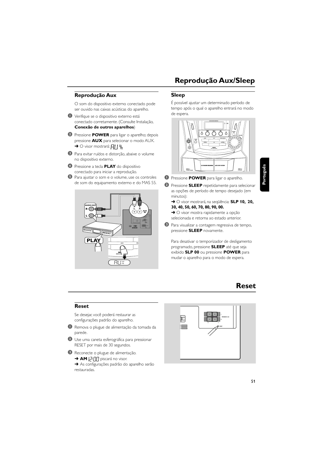 Magnavox MAS55 manual Reprodução Aux/Sleep, Reset 