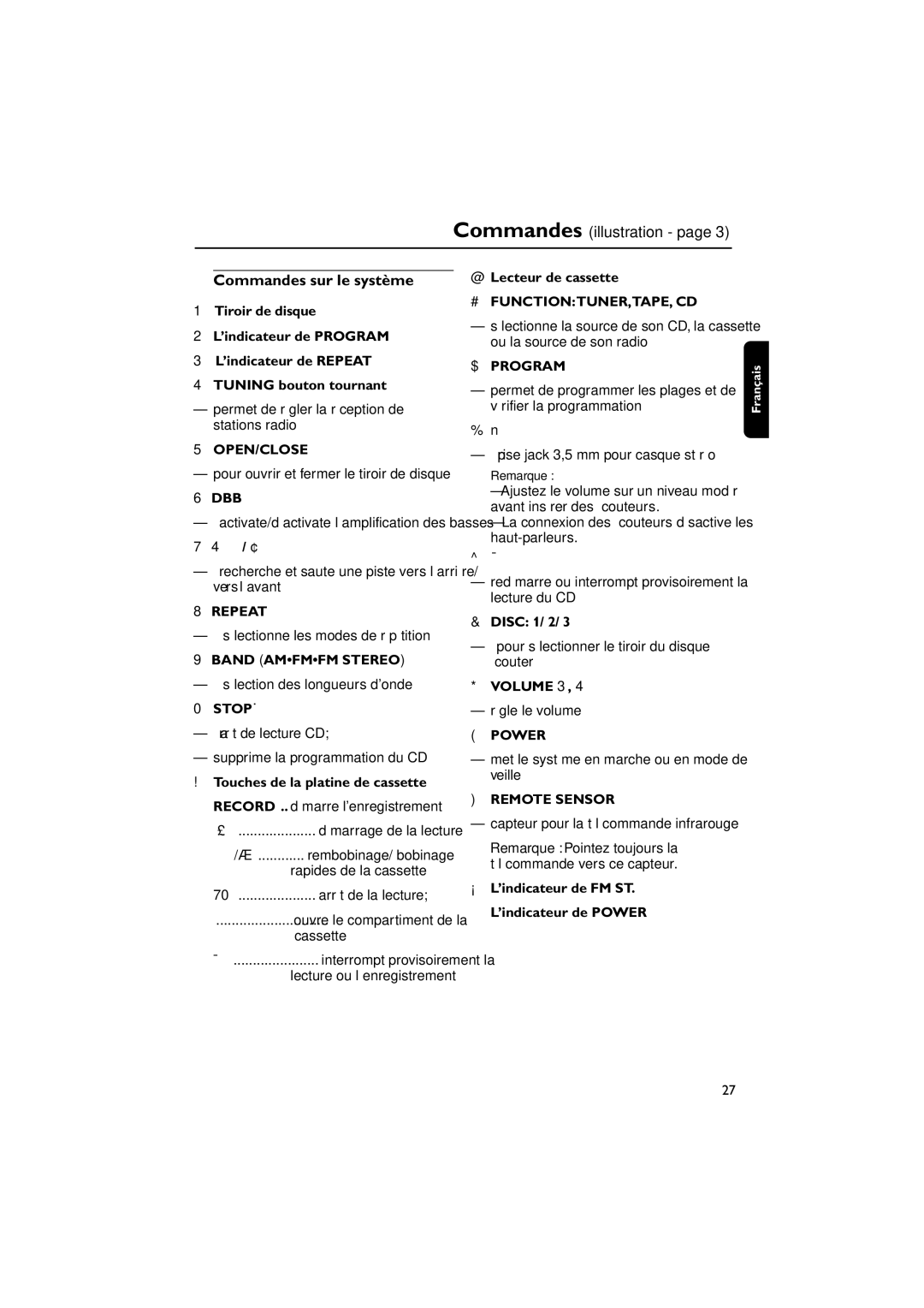 Magnavox MAS85 owner manual Commandes illustration, Commandes sur le système 