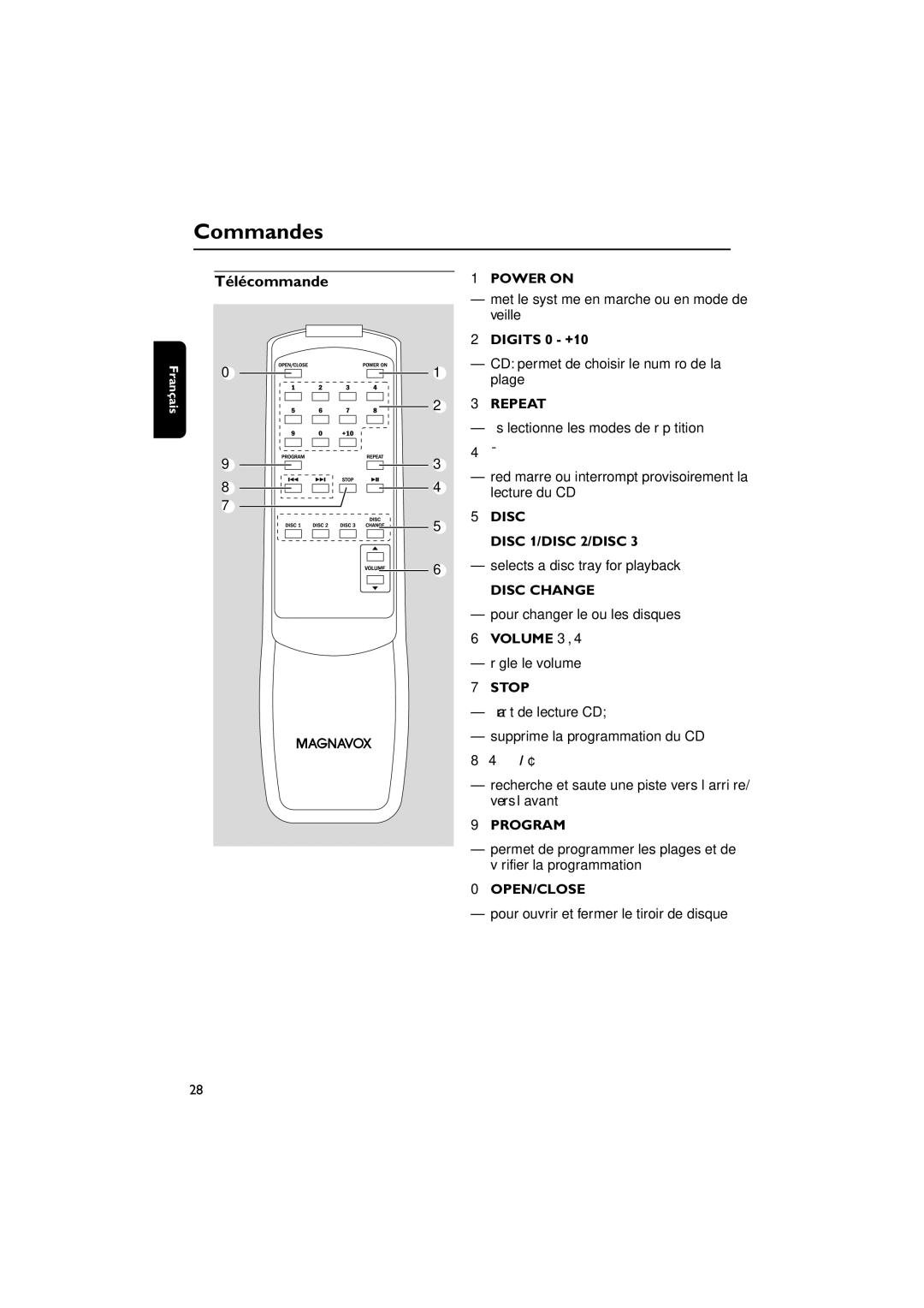 Magnavox MAS85 owner manual Commandes, Télécommande 