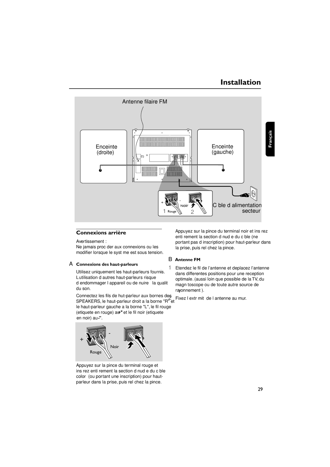 Magnavox MAS85 owner manual Installation, Connexions arrière, Connexions des haut-parleurs, Antenne FM 