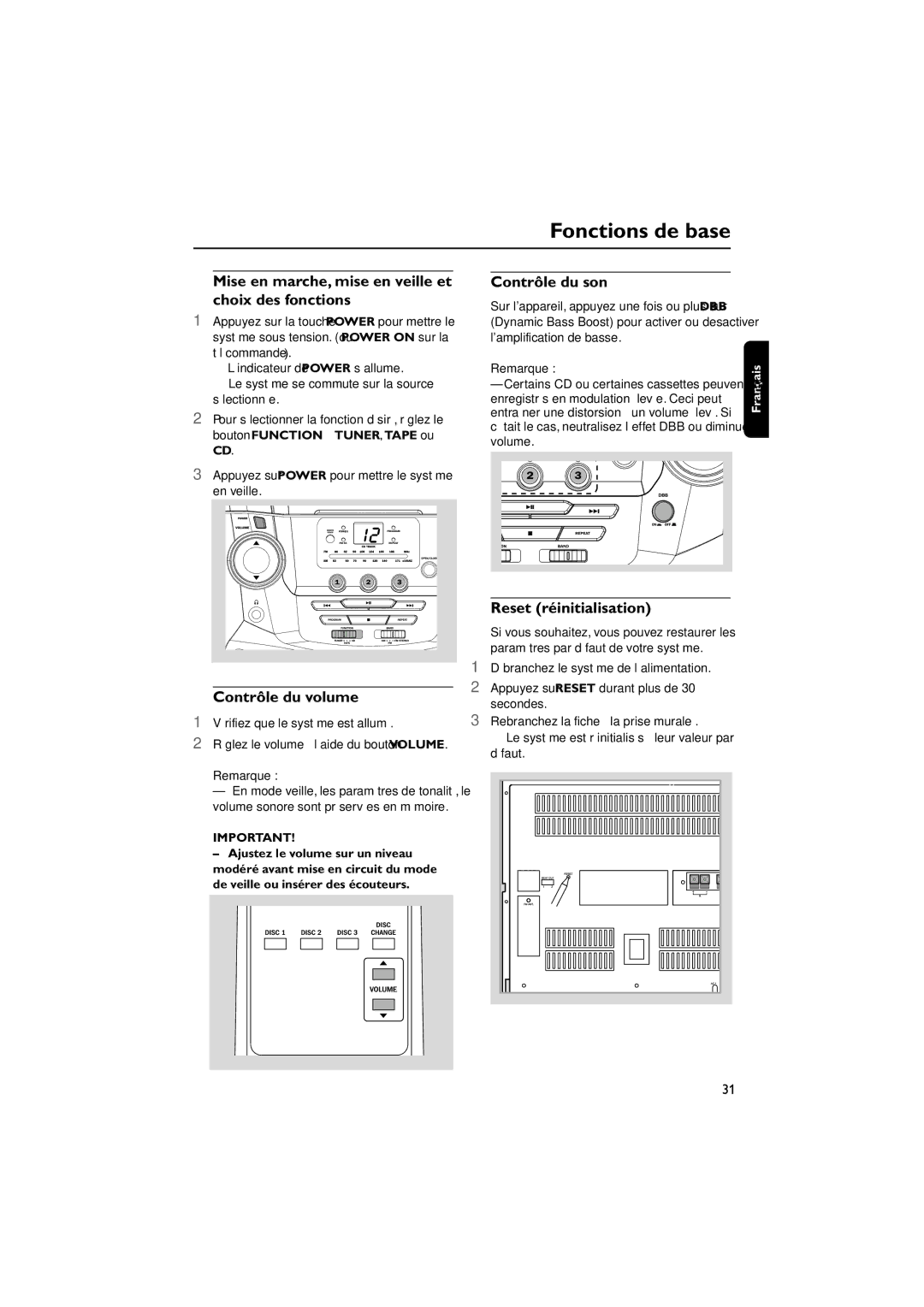 Magnavox MAS85 owner manual Fonctions de base, Mise en marche, mise en veille et choix des fonctions, Contrôle du volume 