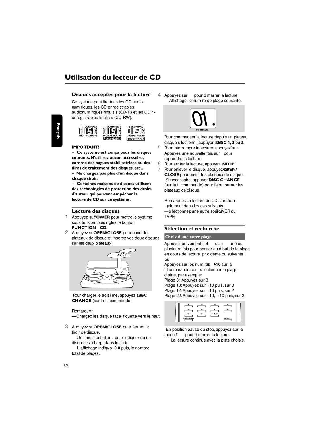 Magnavox MAS85 Utilisation du lecteur de CD, Disques acceptés pour la lecture, Lecture des disques, Sélection et recherche 