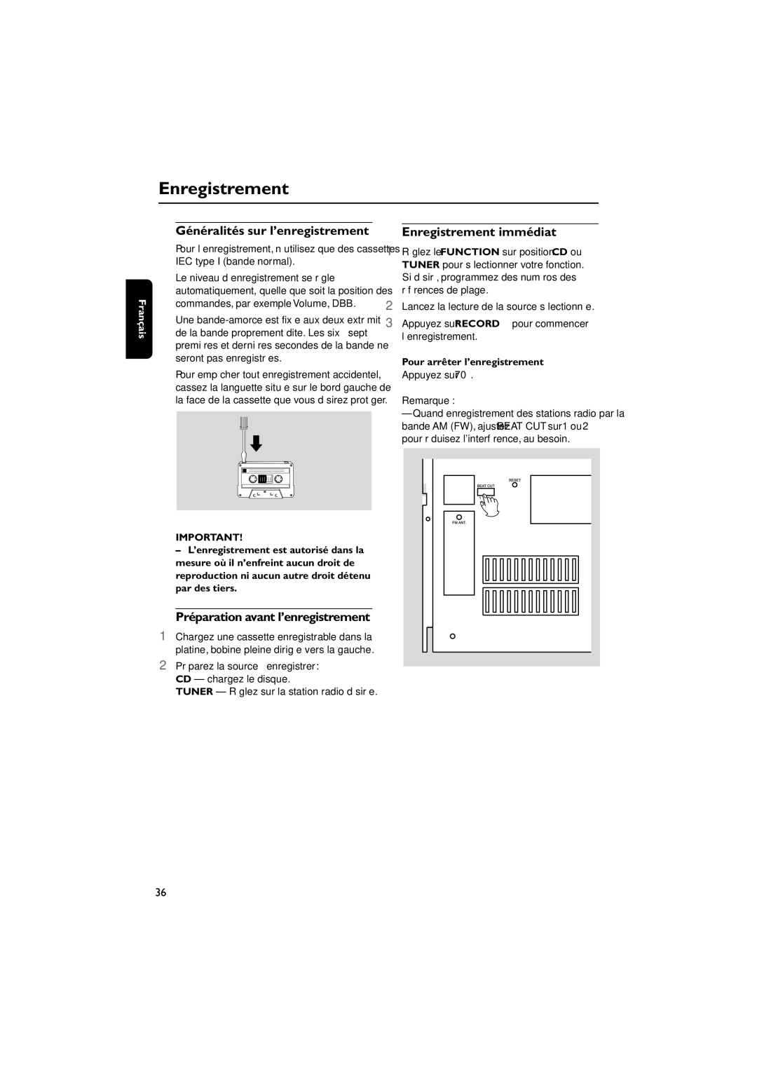 Magnavox MAS85 owner manual Généralités sur l’enregistrement, Enregistrement immédiat, Pour arrêter l’enregistrement 