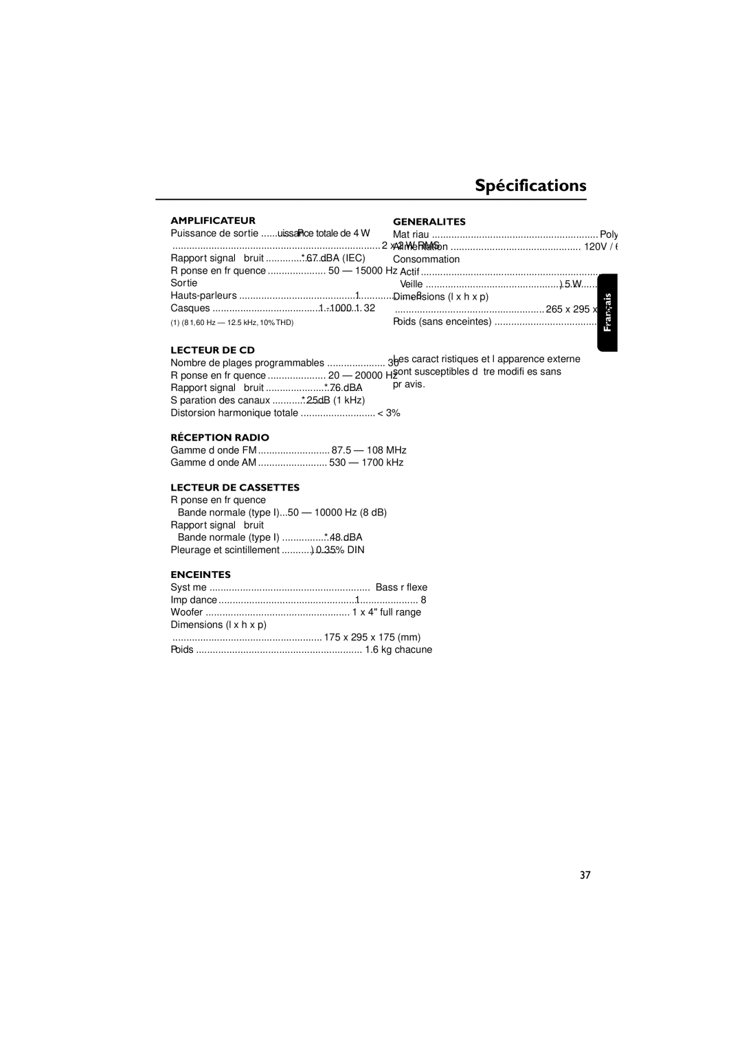 Magnavox MAS85 owner manual Spécifications, Amplificateur 